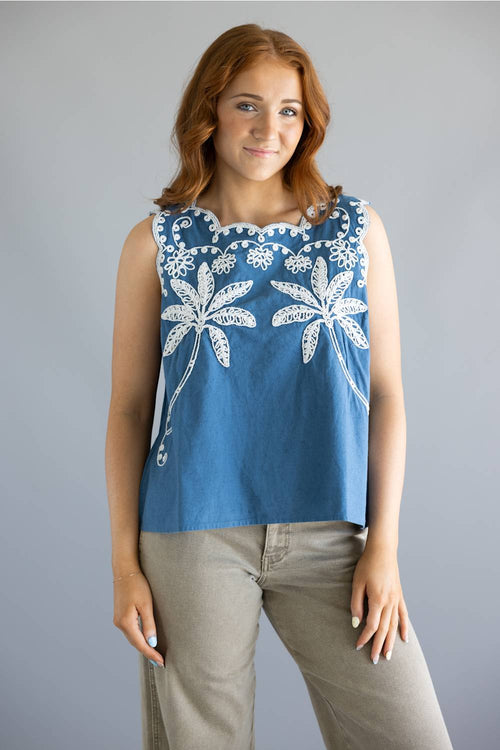 Simply Southern Embroidered Top for Women in Navy
