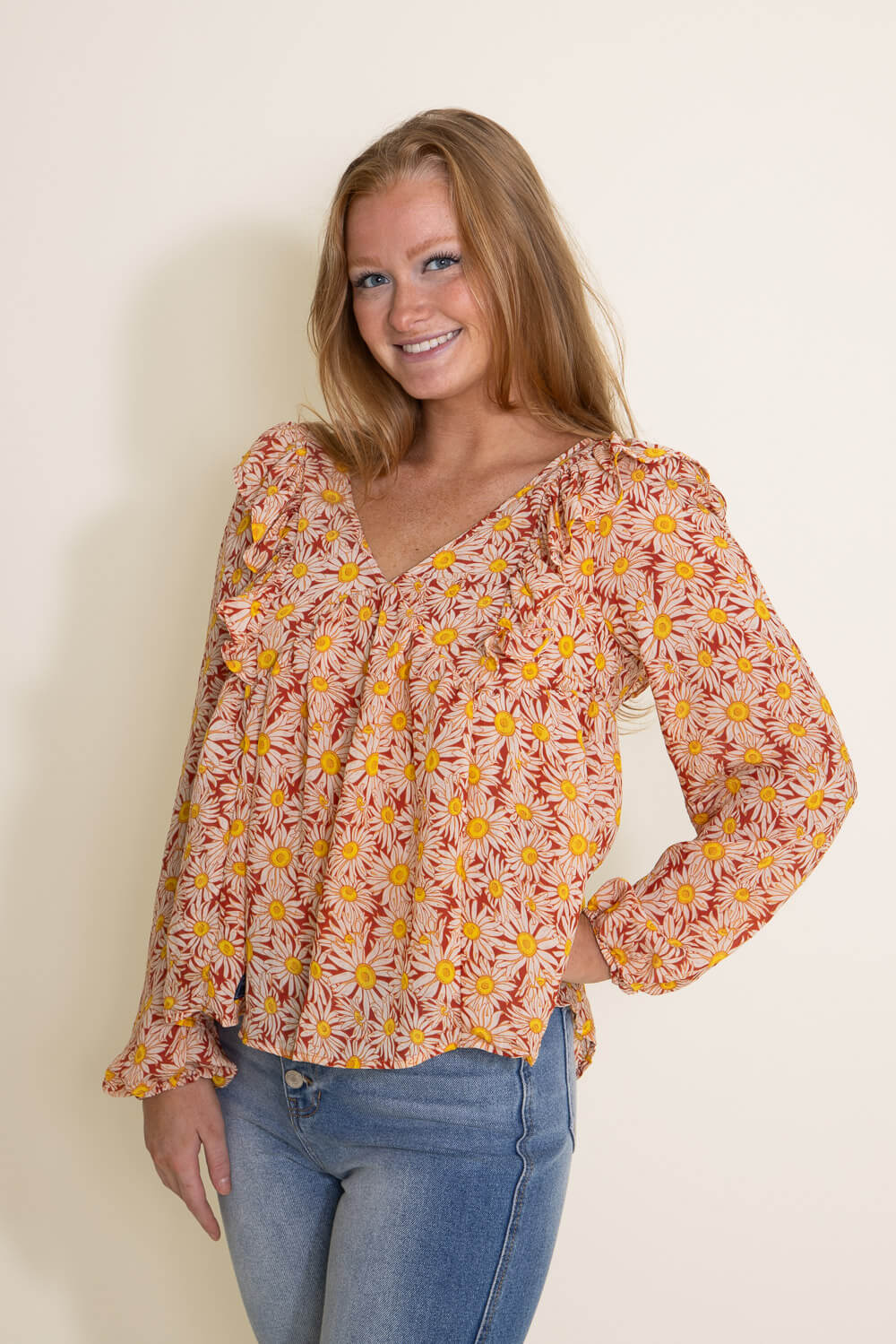 orange flower blouse