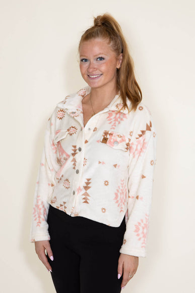 Simply Southern Furry Snap Sherpa Shacket for Women in Cream Aztec