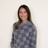 Simply Southern Women Fuzzy Checkerboard Crewneck Sweater for Women in Grey