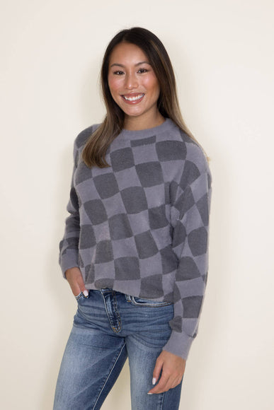 Simply Southern Women Fuzzy Checkerboard Crewneck Sweater for Women in Grey