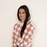 Simply Southern for Women Fuzzy Checkerboard Crewneck Sweater for Women in Orange