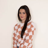 Simply Southern for Women Fuzzy Checkerboard Crewneck Sweater for Women in Orange