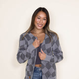 Womens Simply Southern Fuzzy Checkerboard Long Cardigan for Women in Grey 