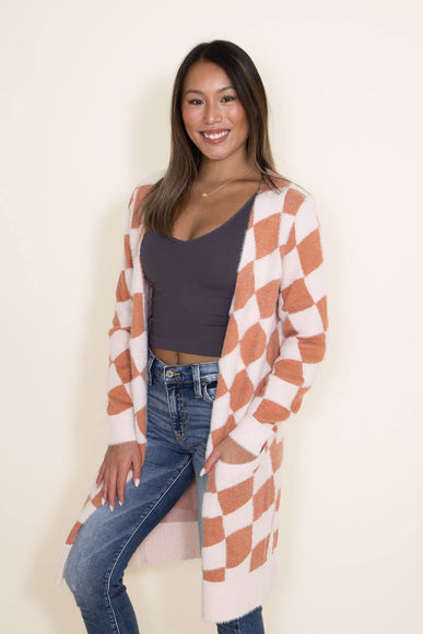 Simply Southern for Women Fuzzy Checkerboard Long Cardigan for Women in Tan