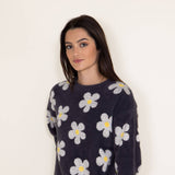 Simply Southern Womens Fuzzy Daisy Print Crewneck Sweater for Women in Grey
