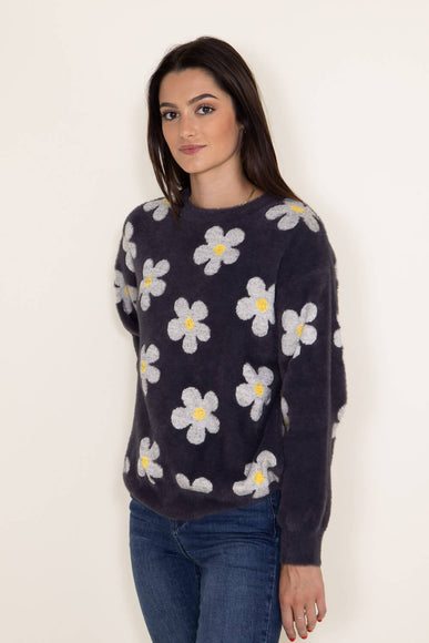 Simply Southern Womens Fuzzy Daisy Print Crewneck Sweater for Women in Grey