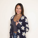 Simply Southern Womens Fuzzy Daisy Print Long Cardigan for Women in Grey