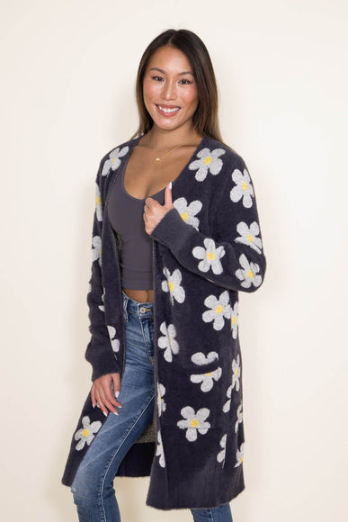 Simply Southern Womens Fuzzy Daisy Print Long Cardigan for Women in Grey
