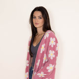 Womens Simply Southern Fuzzy Daisy Print Long Cardigan for Women in Pink