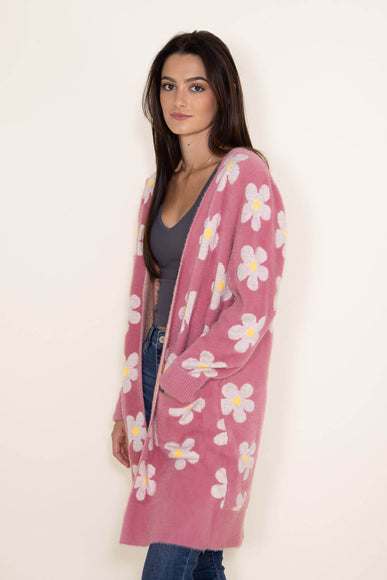 Womens Simply Southern Fuzzy Daisy Print Long Cardigan for Women in Pink