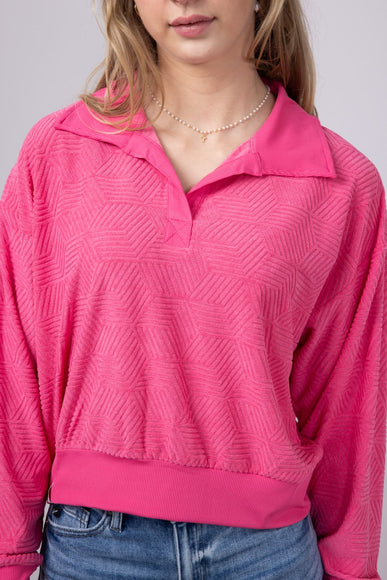 Simply Southern Womens Geo Pattern Johnny Collar Pullover Top for Women in Pink