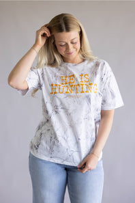 Simply Southern He Is Hunting T-Shirt for Women in White Camo