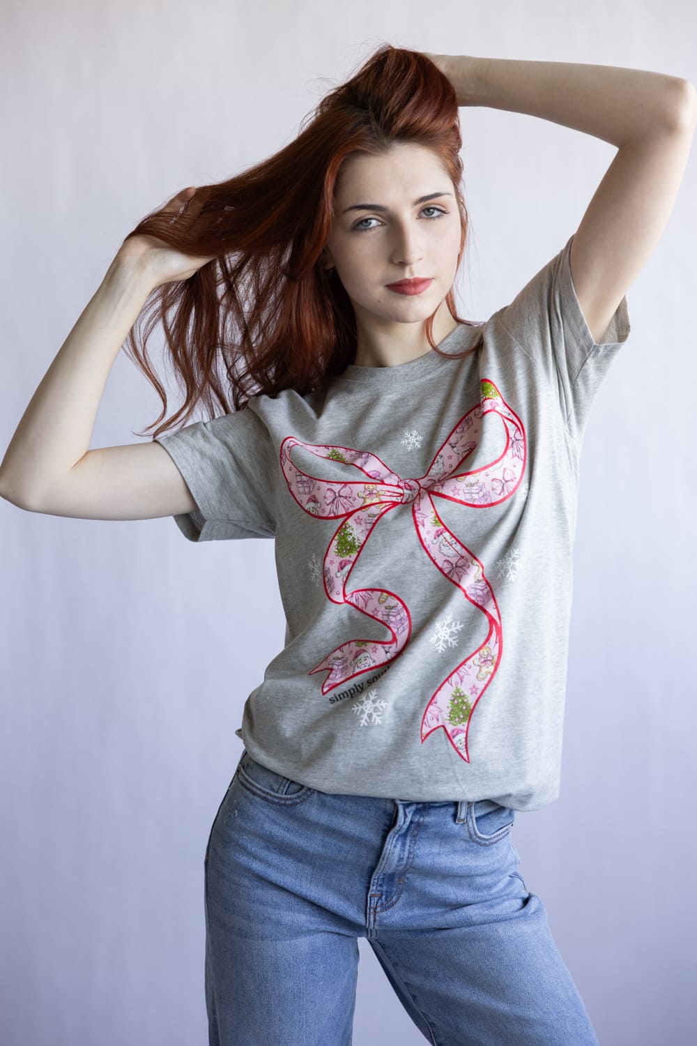 Simply Southern Holiday Bow T-Shirt for Women in Gray