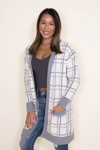 Simply Southern for Women Open Front Plaid Cardigan for Women in White/Grey