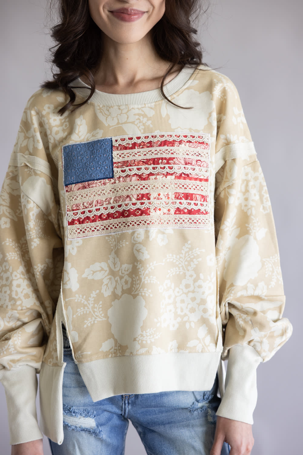 Simply Southern Washed Flag Pullover for Women in Tan