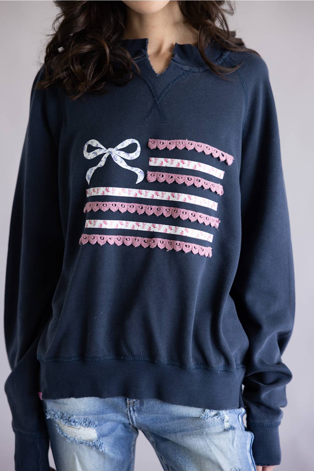 Simply Southern Ribbon Flag Summer Crewneck for Women in Navy
