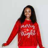 Simply Southern Christmas Sequin Merry & Bright Sweater for Women in Red