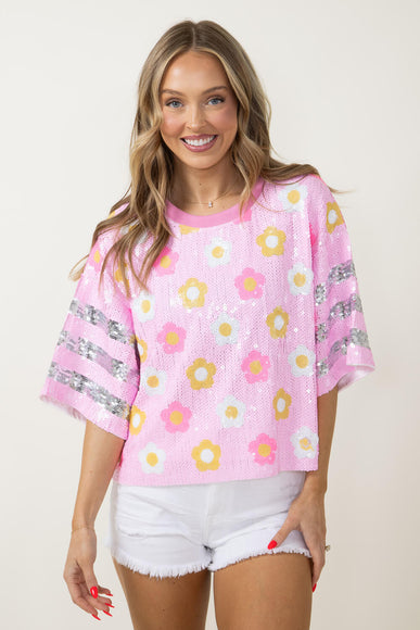 Simply Southern Sequin Top Daisy Shirt for Women in Pink 
