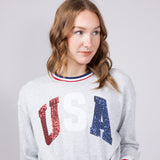Womens Simply Southern Sequined USA Varsity Crew Sweatshirt for Women in Grey