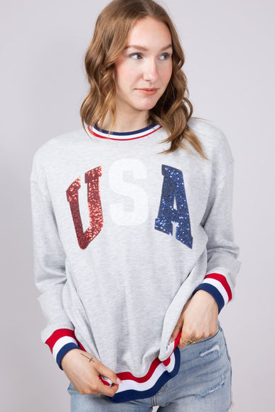 Womens Simply Southern Sequined USA Varsity Crew Sweatshirt for Women in Grey
