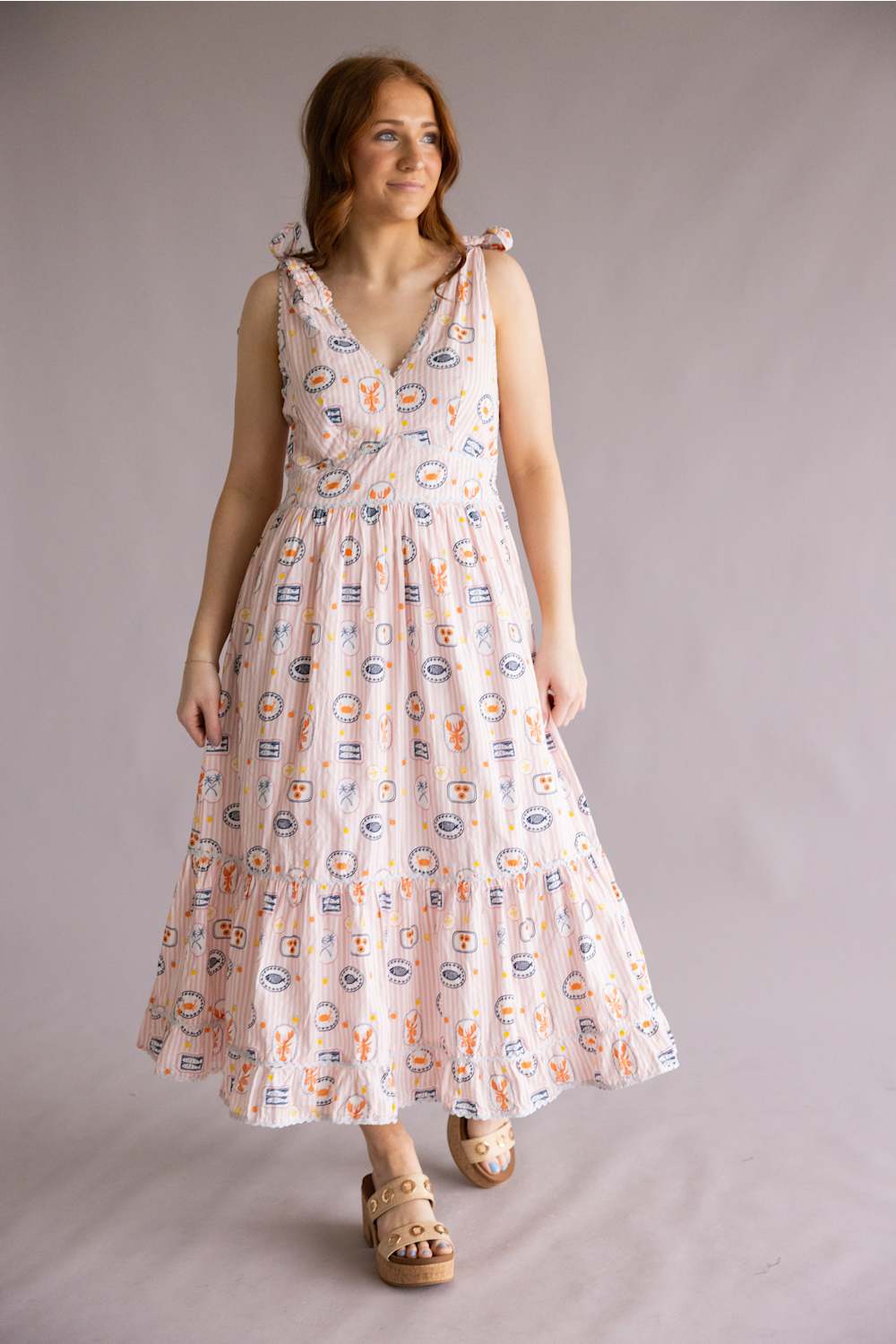 Simply Southern Stamp Shoulder Tie Dress for Women in Peach