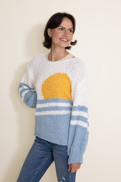 Simply Southern Womens Clothing Sun With Stripes Popcorn Crewneck Sweater for Women in White
