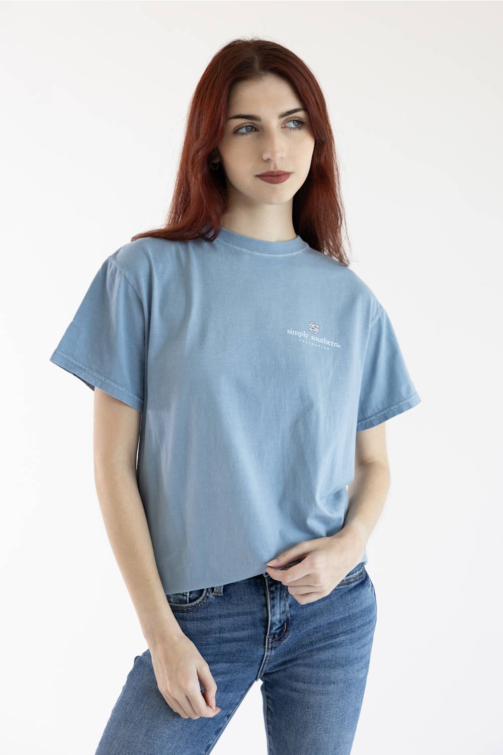 Simply Southern Walking by Faith Goose Mineral Wash T-Shirt for Women in Faded Denim Blue | MINWASH-TRIPPING-FDBLU