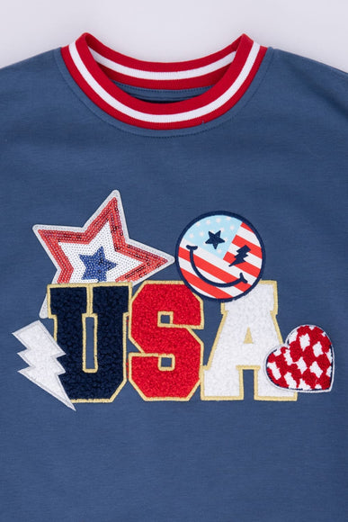 Simply Southern Youth USA Patch Varsity Crew Sweatshirt for Girls in Navy