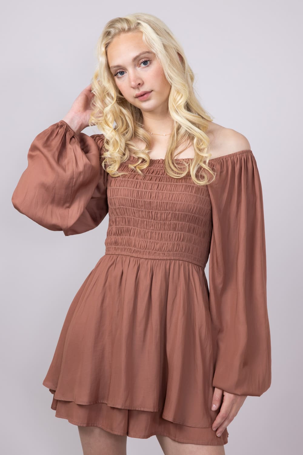 Smocked Bodice Layered Romper for Women in Hazelnut