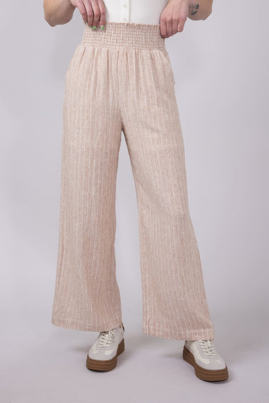 Smocked Waist Linen Pants for Women in Almond