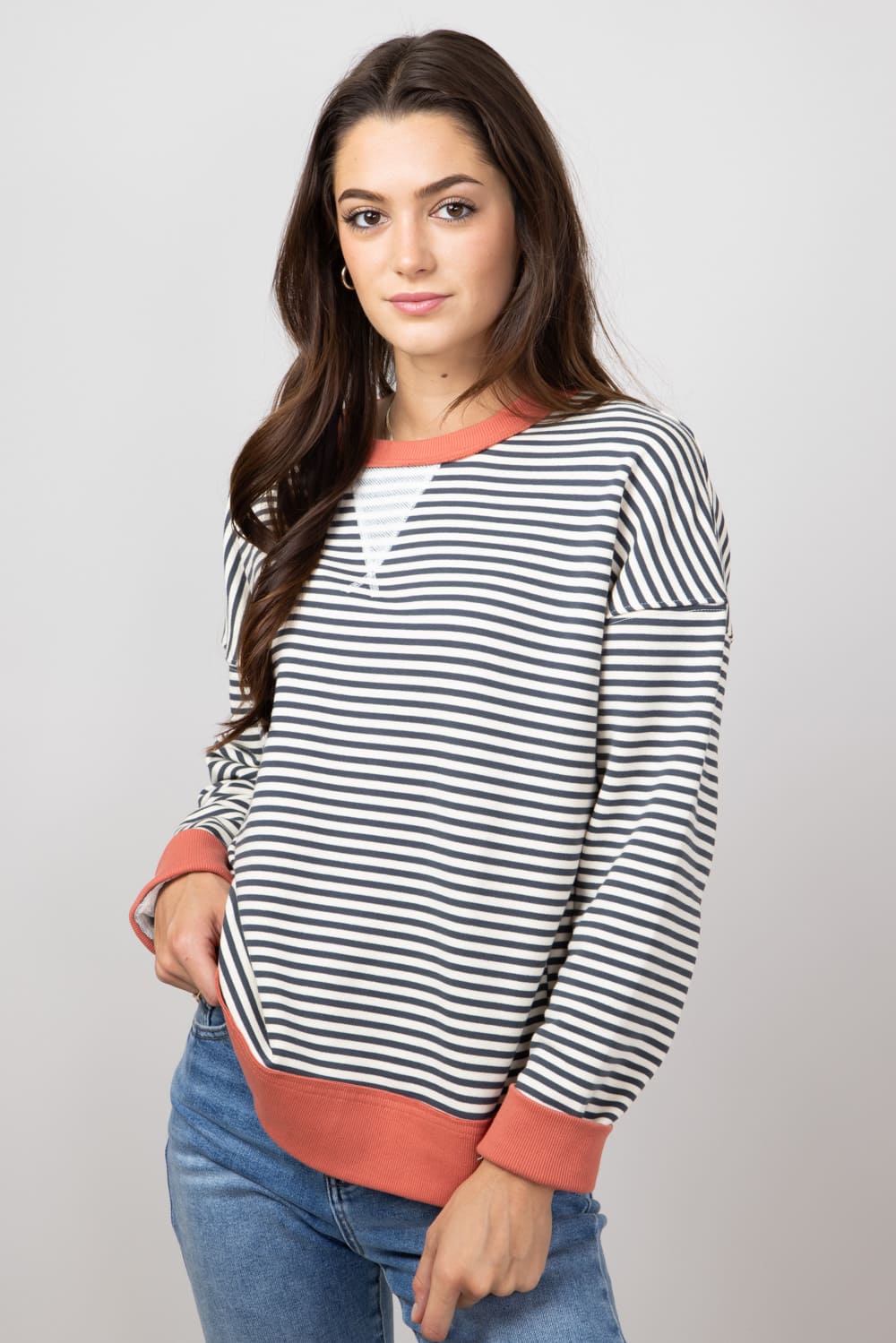 Stripe Knit Top for Women in Charcoal