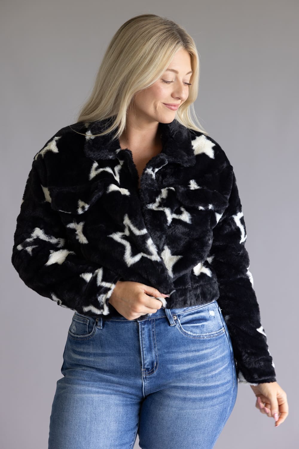 Star Faux Fur Cropped Coat for Women in Black