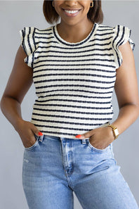 Stripe Flutter Sleeve Top for Women in Cream/Navy