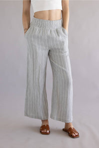 Stripe Smocked Waist Linen Pants for Women in Charcoal