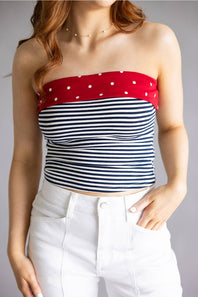 Striped Polka Dot Strapless Top for Women in Navy/Off White