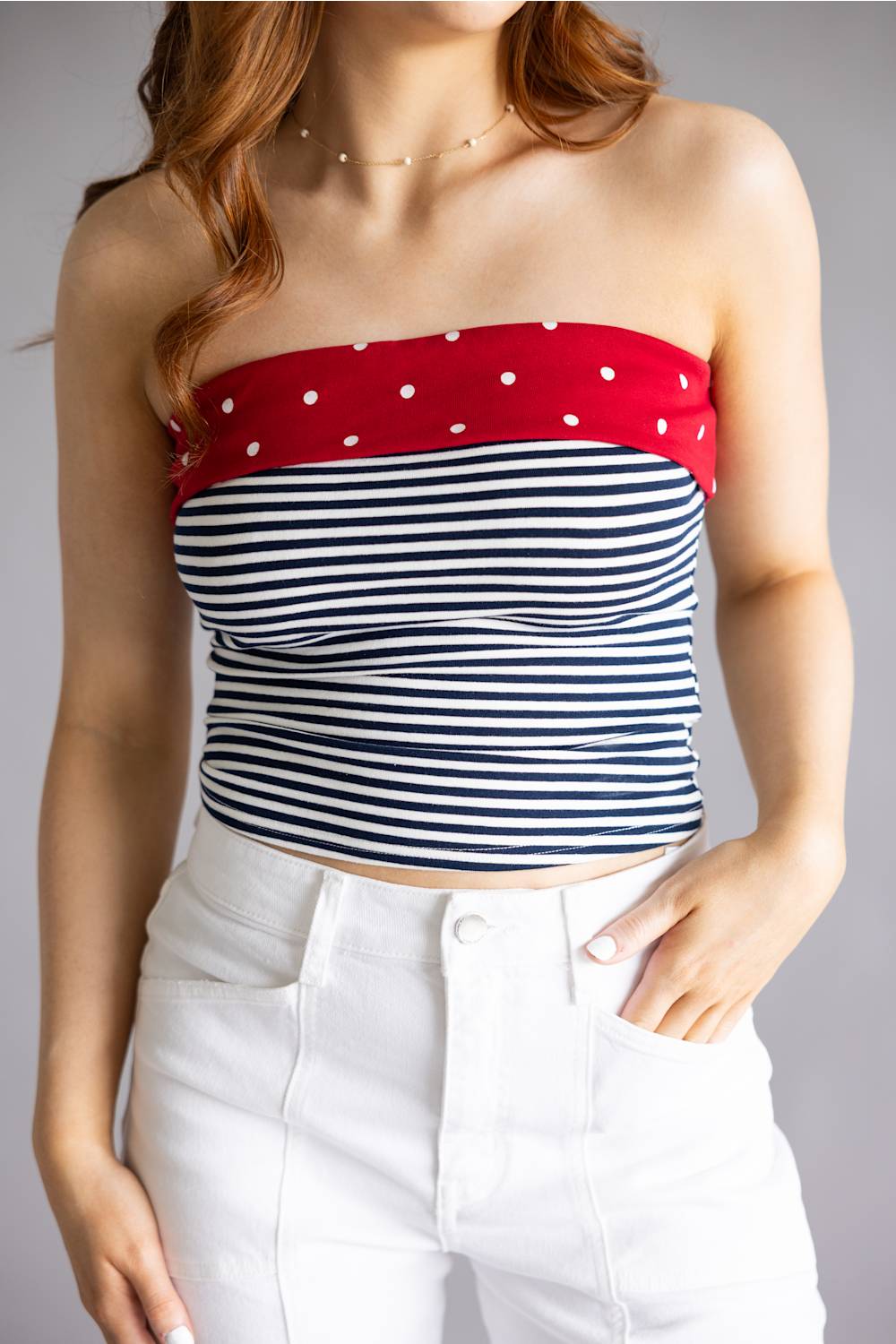 Striped Polka Dot Strapless Top for Women in Navy/Off White