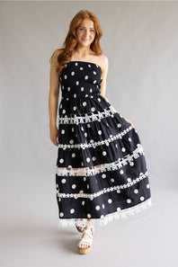 Strut & Bolt Polka Dot Eyelet Lace Strapless Midi Dress for Women in Black