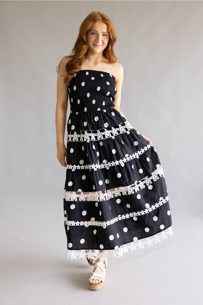 Strut & Bolt Polka Dot Eyelet Strapless Midi Dress for Women in Black at Glik's , XS