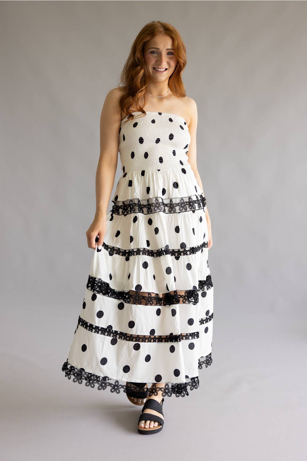 Strut & Bolt Polka Dot Eyelet Lace Strapless Midi Dress for Women in White