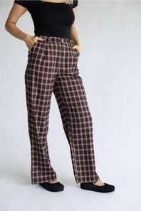 Sunday Edition Plaid High Rise Wide Leg Pants for Women in Wine