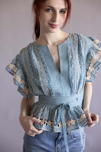Embroidered Flutter Sleeve Peplum Top for Women in Chambray