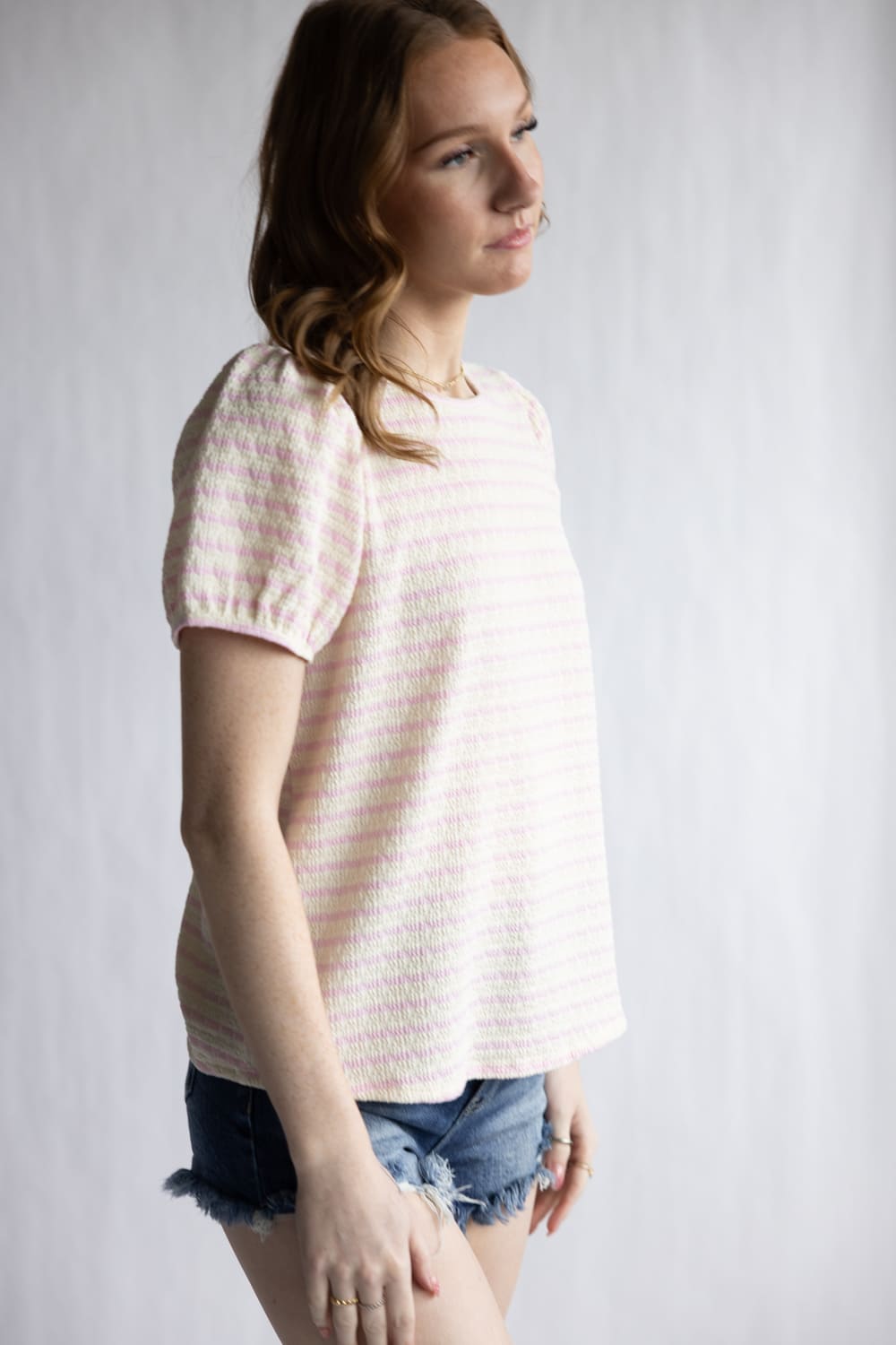 Textured Stripe Puff Sleeve Top for Women in Pink/Cream 