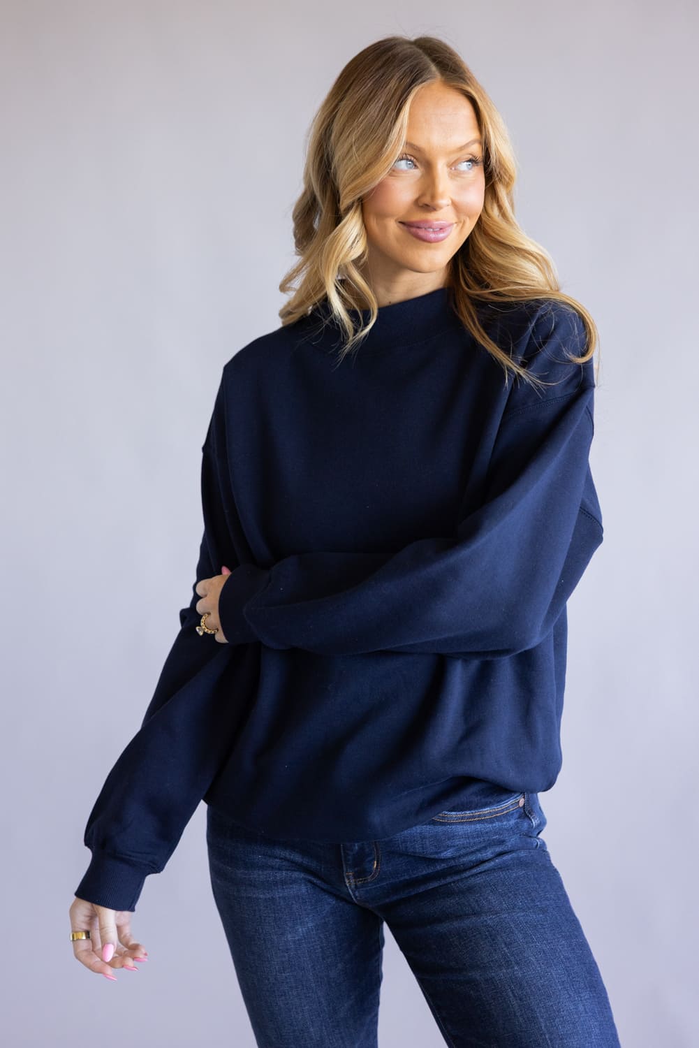 Mock Neck Oversized Fleece Pullover for Women in Navy