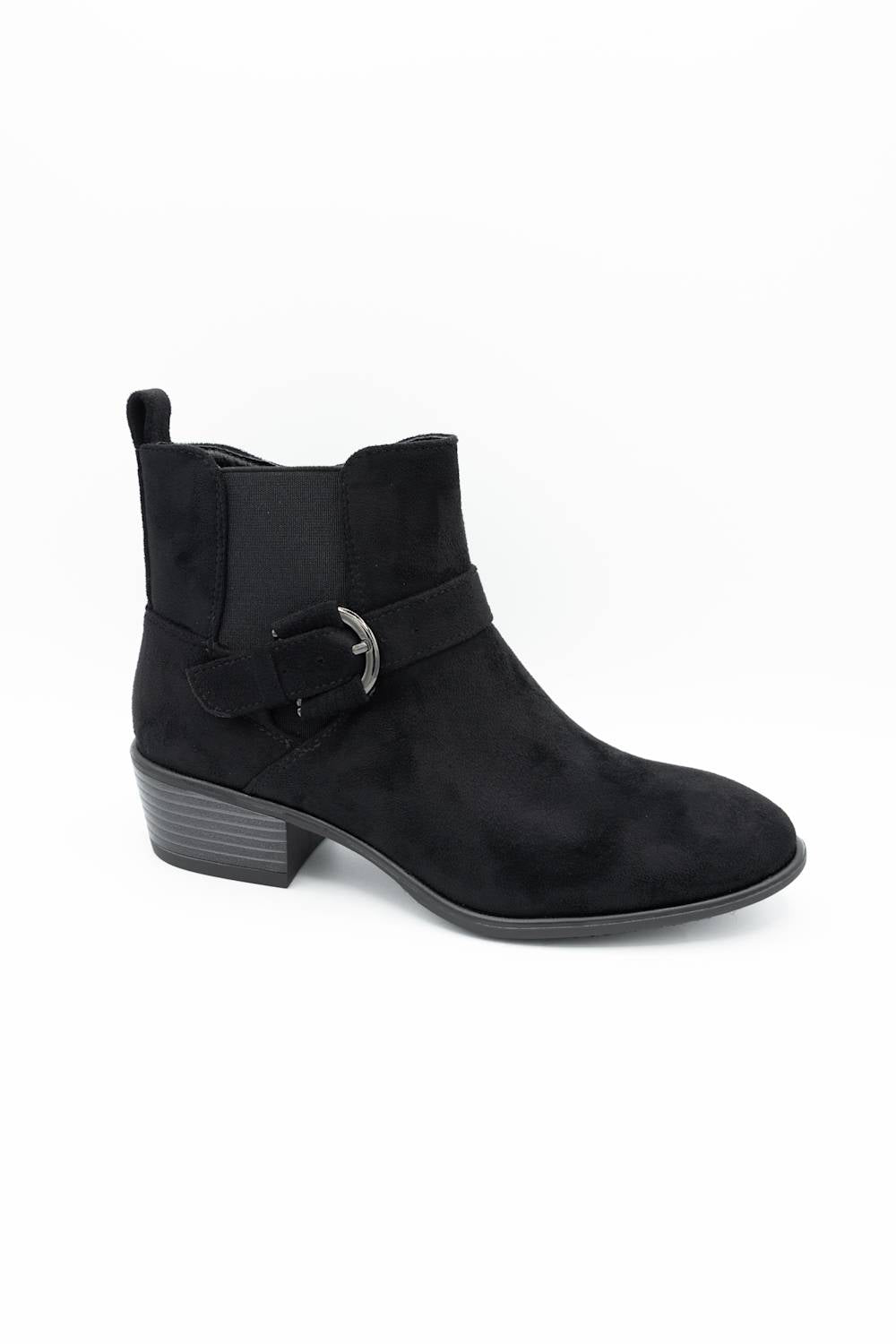 A single black suede ankle boot with a side buckle strap and low block heel, shown from a side profile on a white background.
