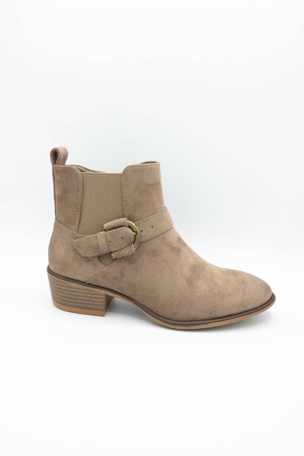A taupe suede ankle boot with a side buckle strap and low block heel, shown from a side profile on a white background.