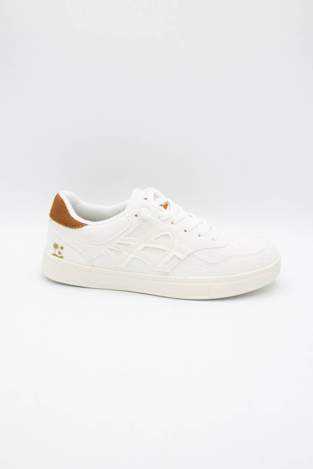 A low-top white sneaker with a brown heel tab and small gold logo details, shown from a side profile on a light gray background.