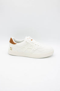 A low-top white sneaker with a brown heel tab and small gold logo details, shown from a side profile on a light gray background.