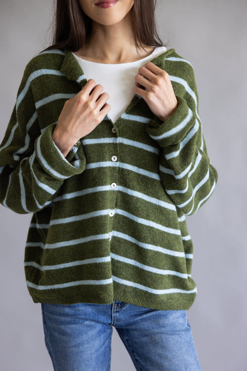 Things Between Wide Striped Piper Cardigan for Women in Olive/Blue | TBW14672-OLVBLU