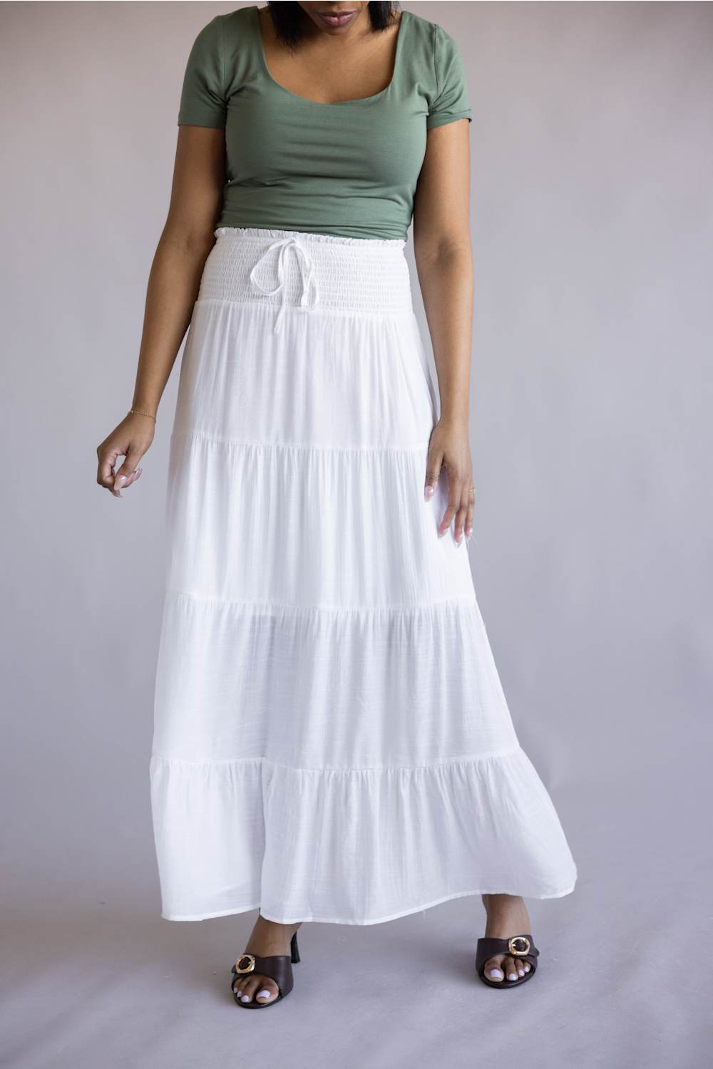 Love Tree Tie Waist Tiered Maxi Skirt for Women in White | 7289SH